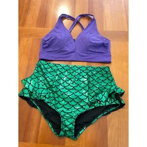 Disney Princess Ariel Bikini Set Purple Shell Top Green Scale High Waisted Sz 1x